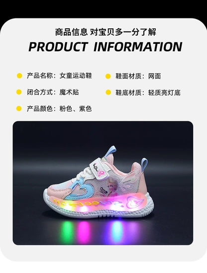 Disney Children Led Shoes Kids Girls Sneakers Frozen Elsa Princess Lighting Shoes Pink Purple Casual Sports Shoes Size 21-31