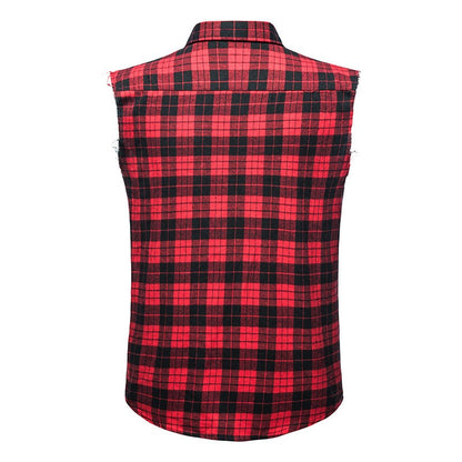 Men's Casual Flannel Plaid Sleeveless Shirt New Double Pocket Cowboy Button Down Shirts Men Cotton Plus Size Vest Checkered Top