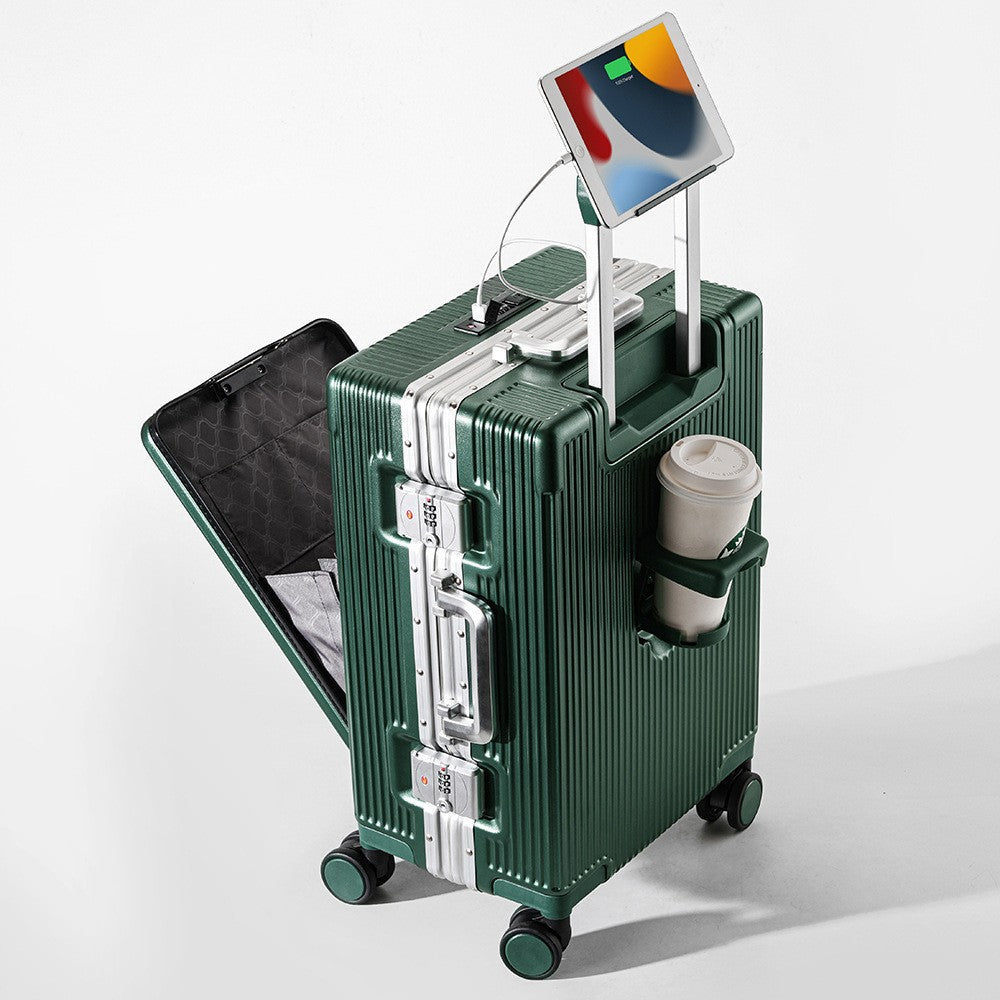 Mala de Viagem com Abertura Frontal, Estrutura de Liga de Alumínio, Trava, Plug USB para Carregamento, Rodas Giratórias e Alça Retrátil