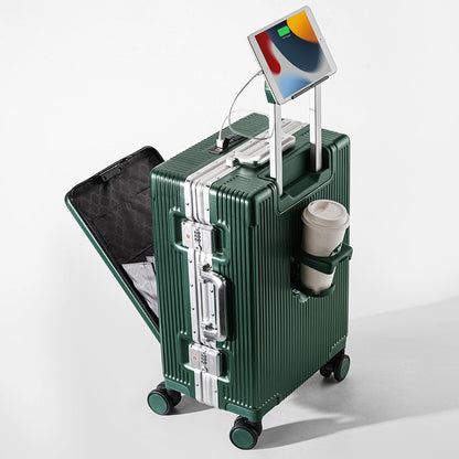Mala de Viagem com Abertura Frontal, Estrutura de Liga de Alumínio, Trava, Plug USB para Carregamento, Rodas Giratórias e Alça Retrátil