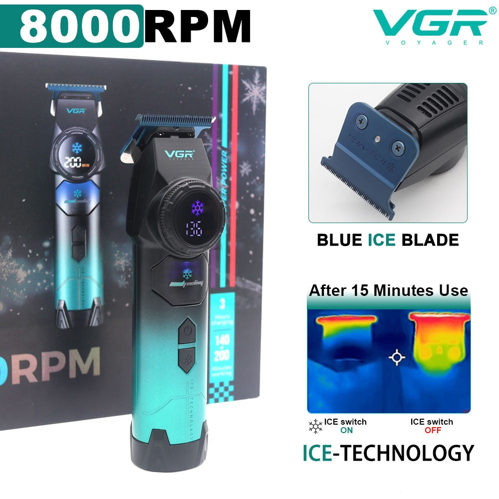 VGR V-946 Ice Tech Barber Trimmer Machine DLC T Blade Zero Gap 8000RPM Brushless Metal Blue Ceramic Clipper For Haircut Barber