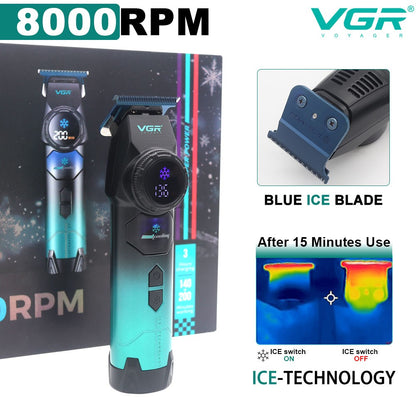 VGR V-946 Ice Tech Barber Trimmer Machine DLC T Blade Zero Gap 8000RPM Brushless Metal Blue Ceramic Clipper For Haircut Barber