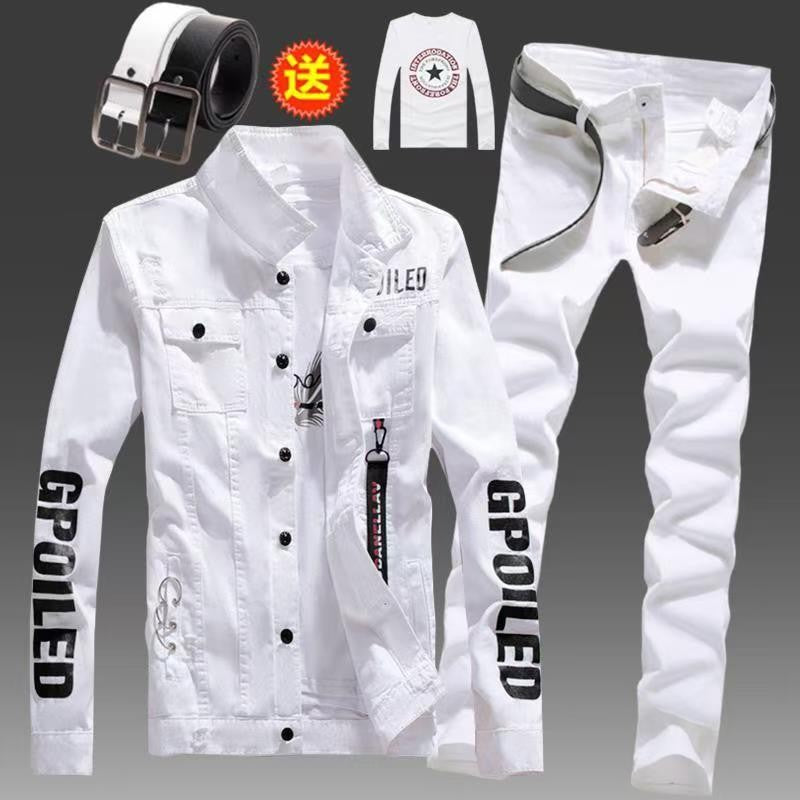 Men's Slim Fit Denim Jacket Pants 2pcs Set Long Sleeve Coats Letters Printed Casual Large Size Black White Red Boys Trousers