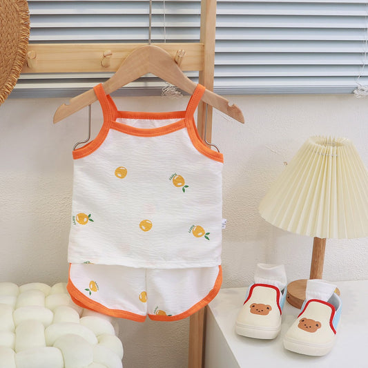 Summer Children Sling Shorts Set Fashion Flower Girls Kids Thin Breathable Pajamas Cute Cartoon Baby Toddler Home Clothes