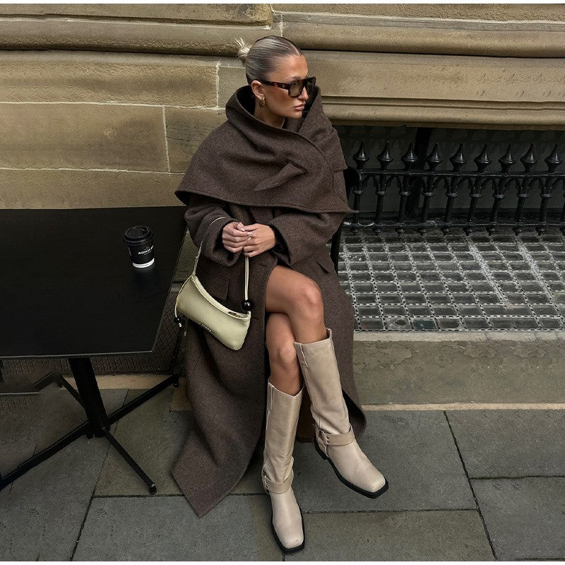 Women Shoulder Pad Wool Long Coats Fashion Lapel Single-breasted Long Sleeve Coat Chic 2025 Autumn Lady Commute Street Outerwear