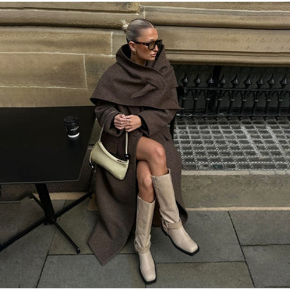 Women Shoulder Pad Wool Long Coats Fashion Lapel Single-breasted Long Sleeve Coat Chic 2025 Autumn Lady Commute Street Outerwear