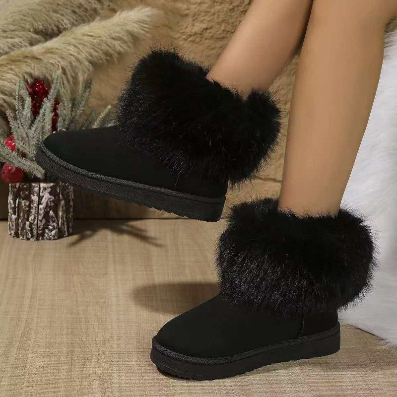 Winter New Round Head Flat with Warm and Comfortable Non-slip Snow Boots Suede Muffin Bottom Short Tube Wool Cotton Boots