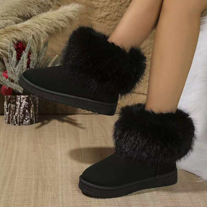 Winter New Round Head Flat with Warm and Comfortable Non-slip Snow Boots Suede Muffin Bottom Short Tube Wool Cotton Boots