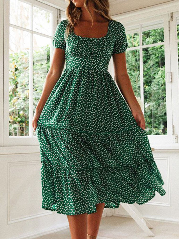 Vestidos Vintage Vintage Print Puff Sleeve summer Beach sweet dresses Casual Squ