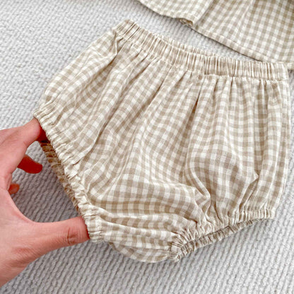 Girls Summer Fashion Set Children's Embroidered Grid Puff Sleeve Top+Shorts Two Piece Cute Baby Girls Clothes Set Baby Clothes