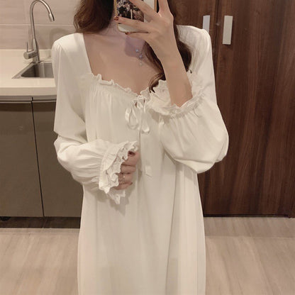 Sweet Princess Style Pajamas Solid Color Fashion Long-Sleeved Soft Home Wear Women's Retro Leisure Dress Lace Ruffled Nightgowns