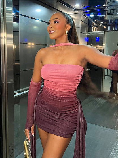 Nibber Summer Vacation Sexy See Through Dress+Shawl Women Ruched Side Ribbon Coquette Skinny Midnight Clubwear Party Bodycon