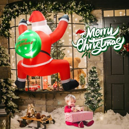 6FT Christmas Inflatable Decorations Hanging Santa Built-in Bright LEDs, Climbing Santa Claus with Gift Bag Christmas Roof Blow