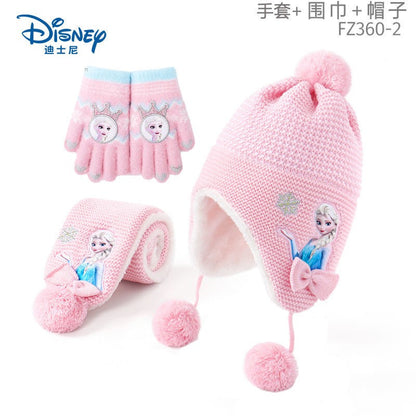 Disney Elsa Desenho Animado Bonito Chapéu e Cachecol de Estudante Criativo Kawaii Meninas Princesa Inverno Quente Conjunto de Três Peças Presente de Natal