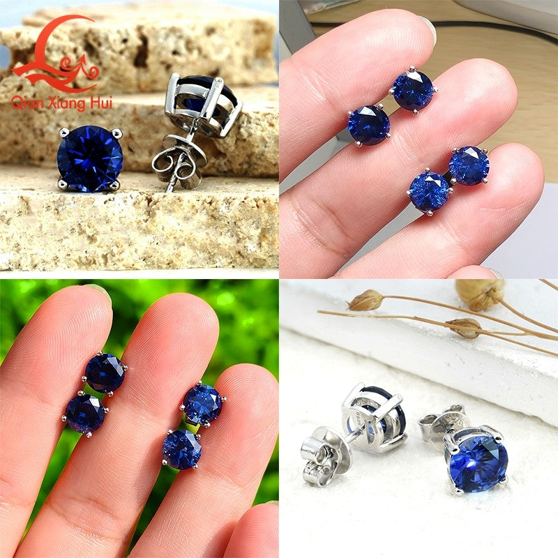 Lab Created Royal Blue/Cornflower Blue Sapphire Ear Stud 5-9mm with Inclusions Round Shape S925 Silver Earrings Jewelry