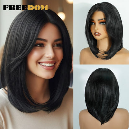 FREEDOM Perucas Sintéticas Front Lace para Mulheres 13x4 Pré-arrancadas Prontas Para Usar Peruca Curta Bob Com Franja Pré-cortada Ombre Blonde Lace Wigs