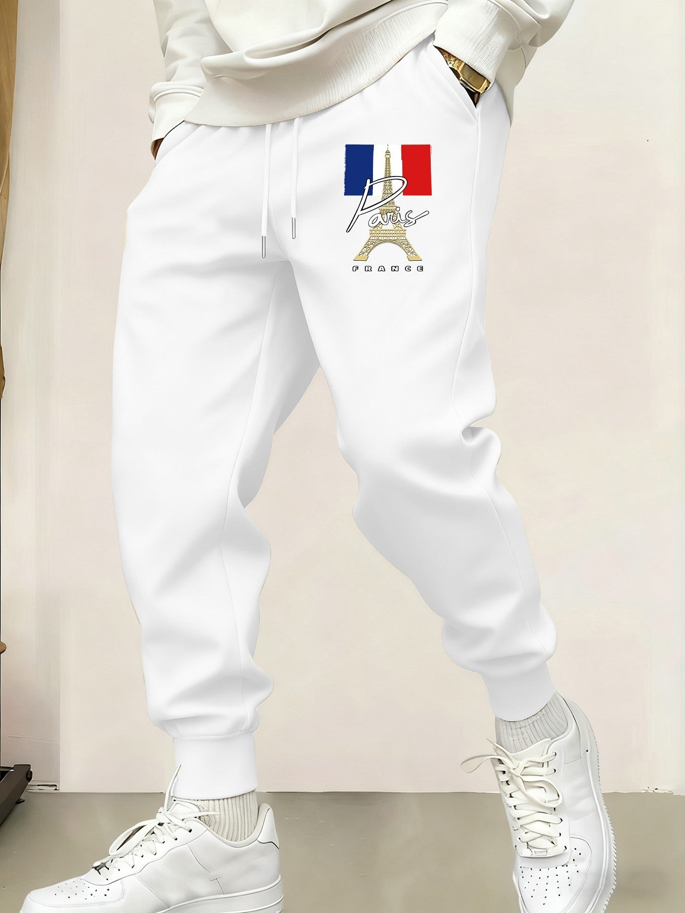 Calça de Moletom Masculina Estampada Torre Eiffel Paris França Bolso Y2K Cintura Elástica Calça Versátil Outono Moda Casual