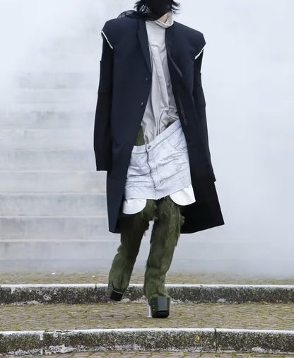 High Street Men's and Women's RO Dark Show Knitted Edge Splicing Sleeve Wide Shoulder Windbreaker Coat Medium Length Blazer Coat