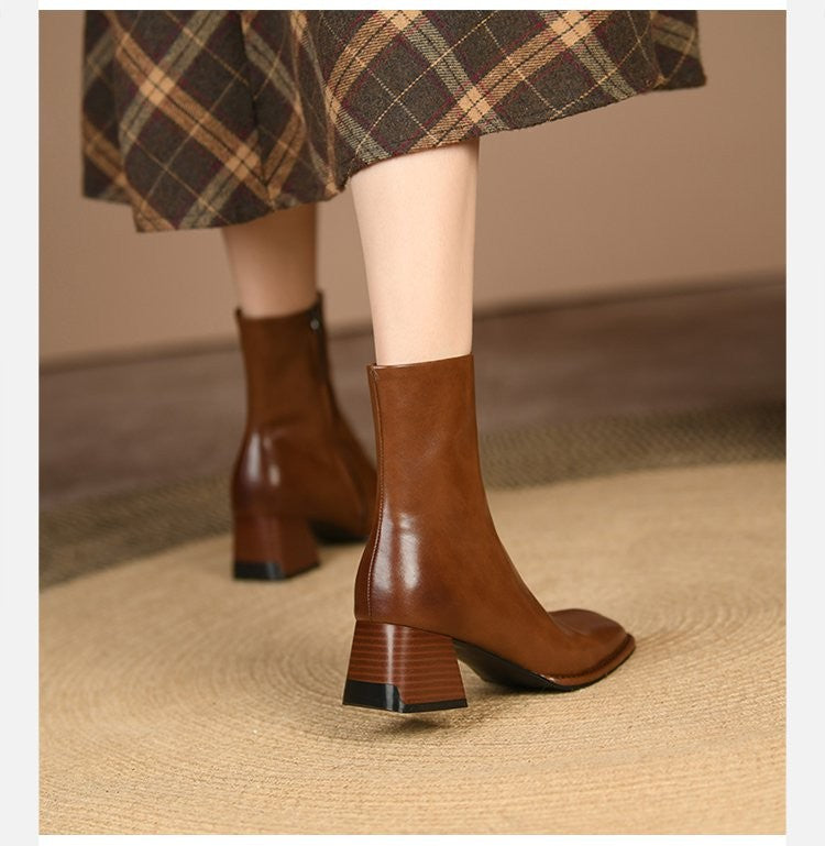 2025 Ankle Boots for Women Leather Square Toe Side Zipper Retro Style Chunky Heels Women Boots Fashion Short Boots Women  D263