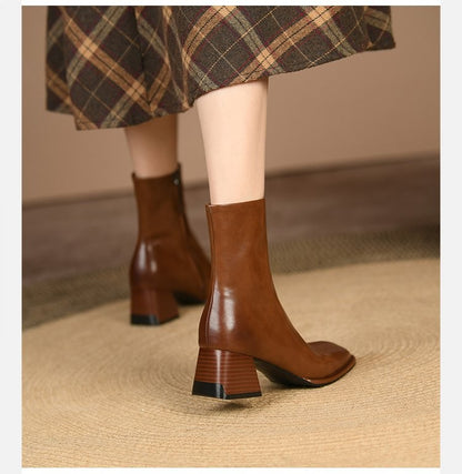 2025 Ankle Boots for Women Leather Square Toe Side Zipper Retro Style Chunky Heels Women Boots Fashion Short Boots Women  D263