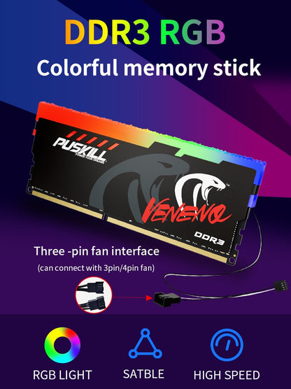 PUSKILL Memória RAM RGB DDR3 8GBx2 1600MHz 12800S Udimm Dual Channel DIMM Memória RAM para Desktop