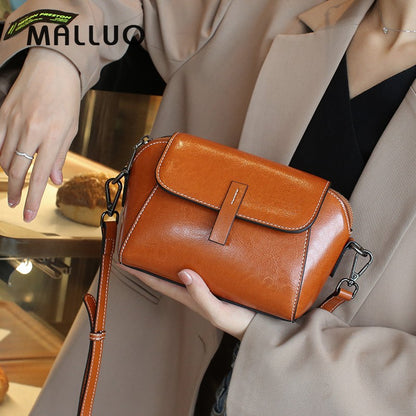 Oil Wax Cowhide Genuine Leather Crossbody Small Bag for Women Fashionable Versatile Shoulder Shell Handbag Lady Casual Phone Bag
