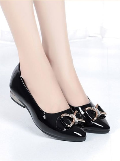 Women Fashion Light Weight Black Bow Tie Pu Leather Slip on Square Heel Shoes for Party Lady Casual Comfort Office Shoes A15