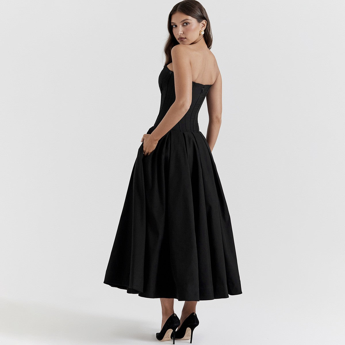 Suninheart Black Elegant Wedding Events Dress Sexy Strapless Corset Dress Midi C