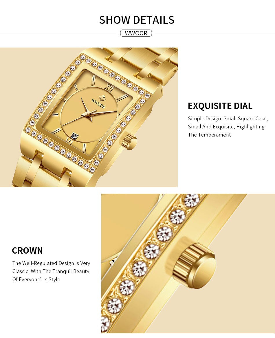 WWOOR Top Brand Luxury New Ladies Diamond Watch Fashion Square lady Wrist Watch Simple Women Dress Small Watch Relogio Feminino