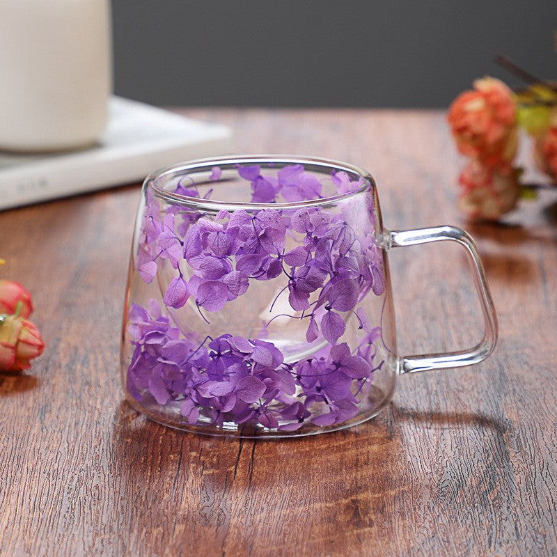 Copo de Vidro de Parede Dupla 200ml Transparente com Padrão de Flores Caneca de Chá Leite Café com Alça Presente para Amigos Copo de Água para Casa