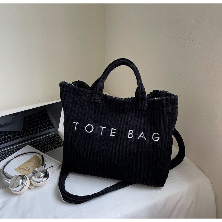 Large Capacity Striped Velvet Handbag Shoulder Bag for Woman Handbags Crossbody Bags, Versatile Letter Corduroy Women's Tote Bag