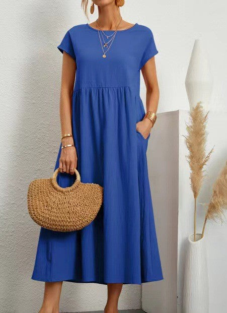 Women Vintage Solid Dress 2023 Summer Elegant O Neck Short Sleeve Cotton Linen D