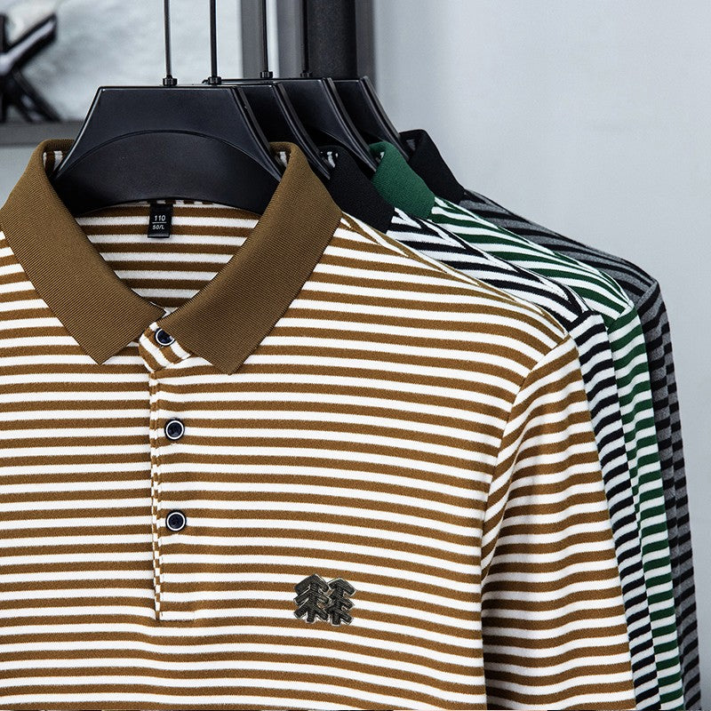 Men's Long Sleeved T-shirt, Youth Lapel T-shirt, Autumn Clothes Striped Polo Shirt Double-sided German Velvet 2025 New Trend Top
