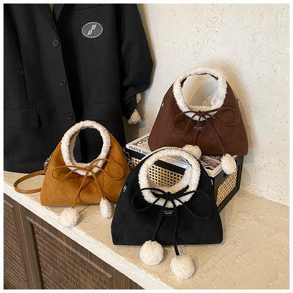 Faux Suede Solid Color Bow Hairy Cute Women's Handbags Christmas Gift Giving Fashion Bags 2025 Autumn/winter New Shoulder Bags