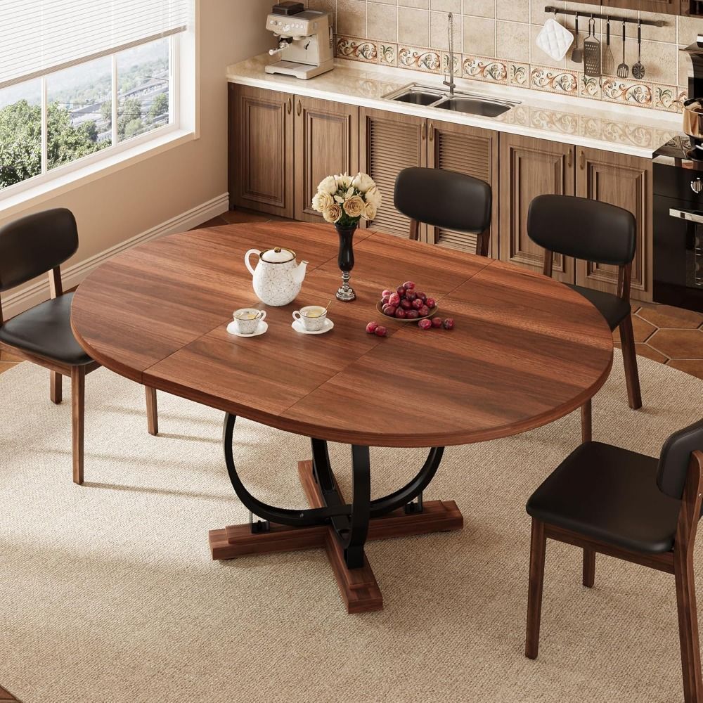 59'' Extendable Round Dining Table for 4 to 6, Kitchen Table with Sturdy X-Base Metal Legs, MDF Board with Backboard Clasp