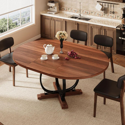 59'' Extendable Round Dining Table for 4 to 6, Kitchen Table with Sturdy X-Base Metal Legs, MDF Board with Backboard Clasp