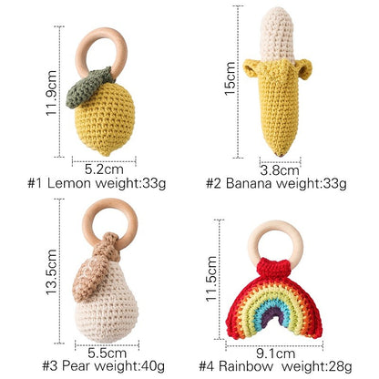 Baby Crochet Lemon Rattle Toys Wooden Bracelet Fruit Musical Rattle Teether Toys Handbell Newborn Soothing Oral Nursing Bite Toy