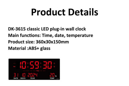 Digital Large Wall Clock Alarm Temperature Date Calendar Display 8 Sets of Alarm Clocks 14'' Electronic LED Clock Plug in Use
