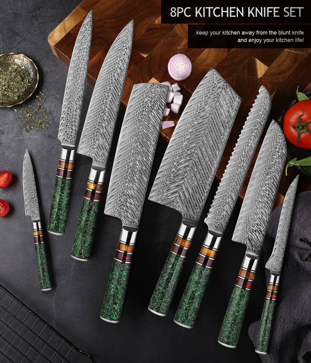 Conjunto de Facas de Cozinha XITUO Luxury Damascus Japonesas Chef Santoku Faca Cutelo Descascar Faca de Pão Cabo de Resina Sintética Destaque