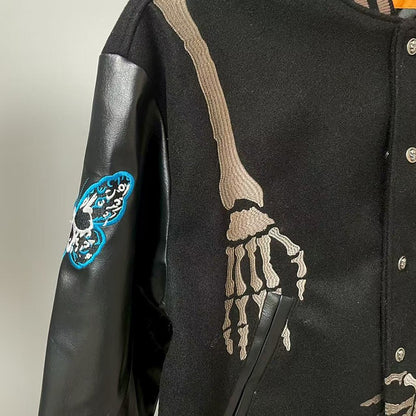 Real Photo GOD SPEED Baseball Jacket American Vintage Patchwork Leather Sleeves Unisex Embroidery Skeleton Jacket Coats