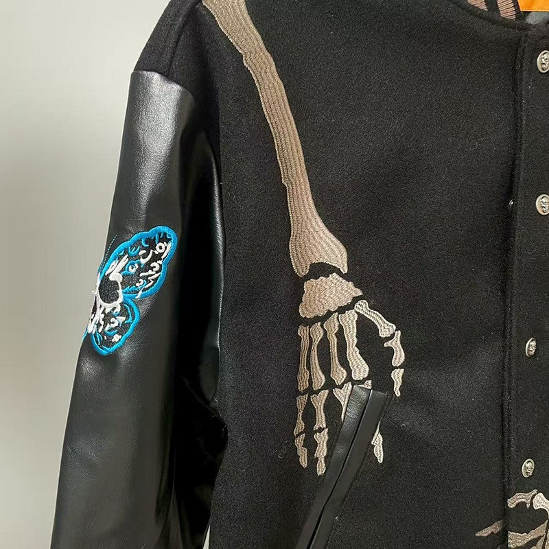 Real Photo GOD SPEED Baseball Jacket American Vintage Patchwork Leather Sleeves Unisex Embroidery Skeleton Jacket Coats