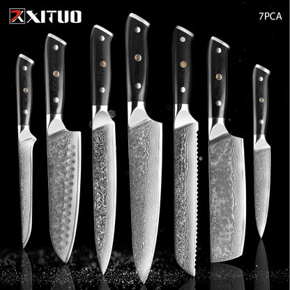 Japanese Damascus Steel Kitchen Chef Knife 1-9 PCS Set Ultra-sharp Cleaver Paring Bread Boning Knife Ergonomic G10 Handle