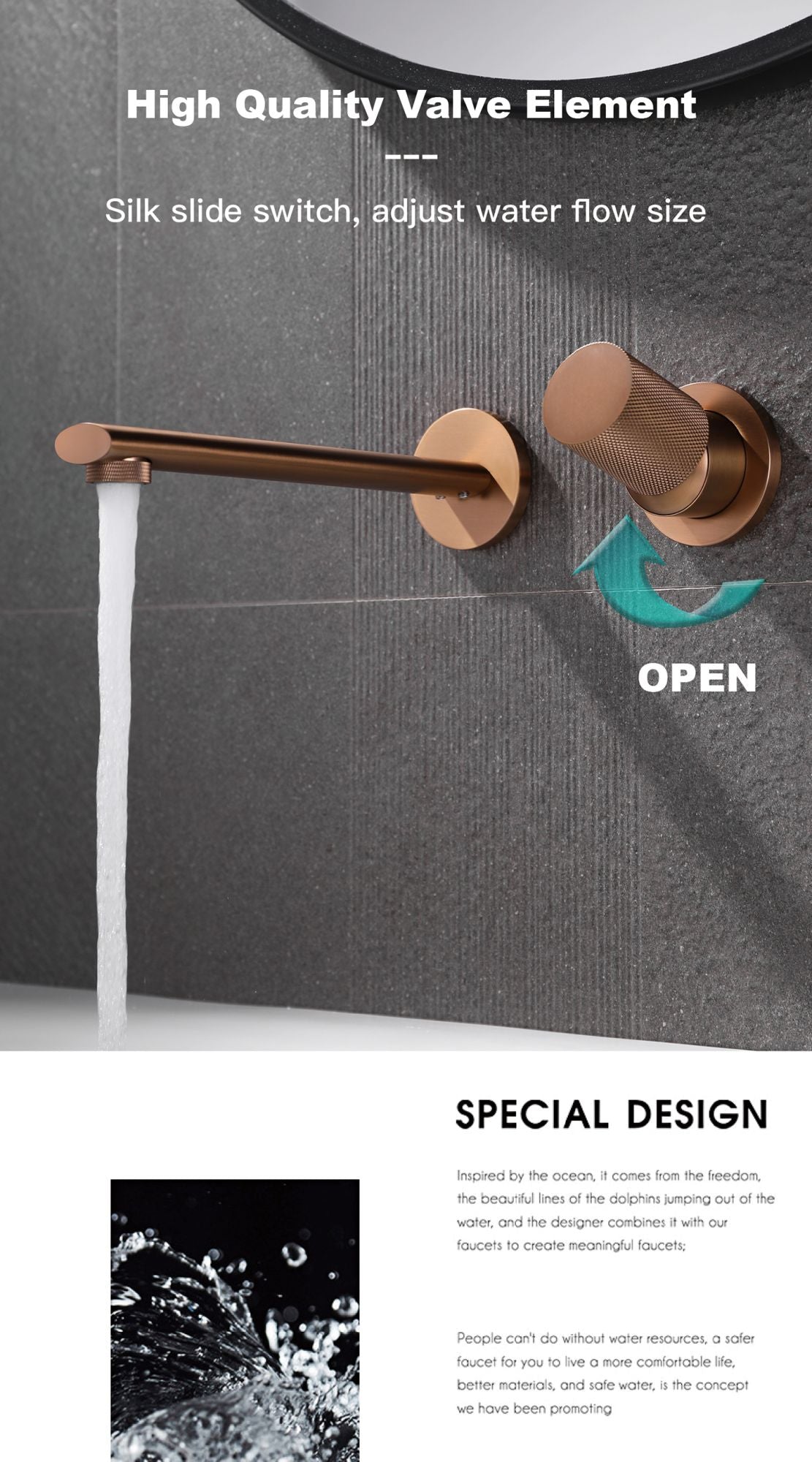 Torneira de banheiro de luxo, preta, de latão, montada na parede, com alavanca única e design moderno de 2 furos para pia de água quente e fria