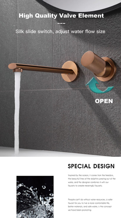 Torneira de banheiro de luxo, preta, de latão, montada na parede, com alavanca única e design moderno de 2 furos para pia de água quente e fria