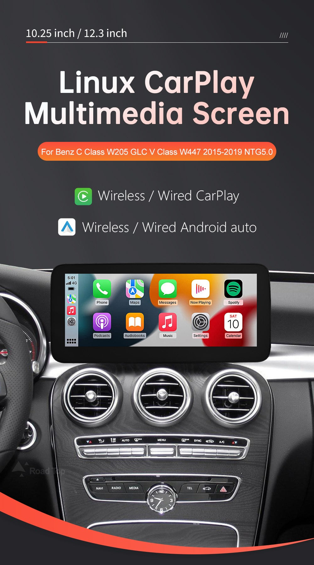 Tela multimídia Linux CarPlay sem fio Android Auto para Mercedes-Benz W205 W176 GLC A C Classe V W447 CLA GLA 2015-2018 NTG5.0