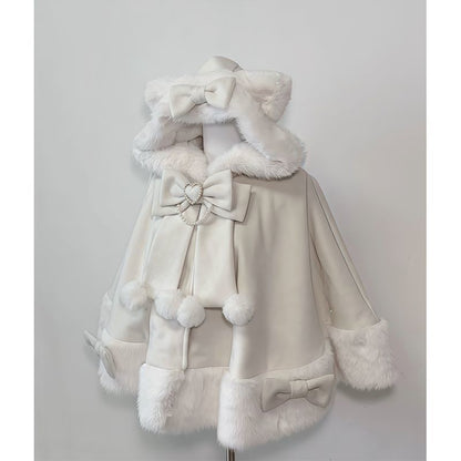 2025 Winter New Lolita Shawl Overcoat Women Design Bow Hooded Patchwork Kawaii Cope Coat Female Warm Chic Sweet Christmas Coat