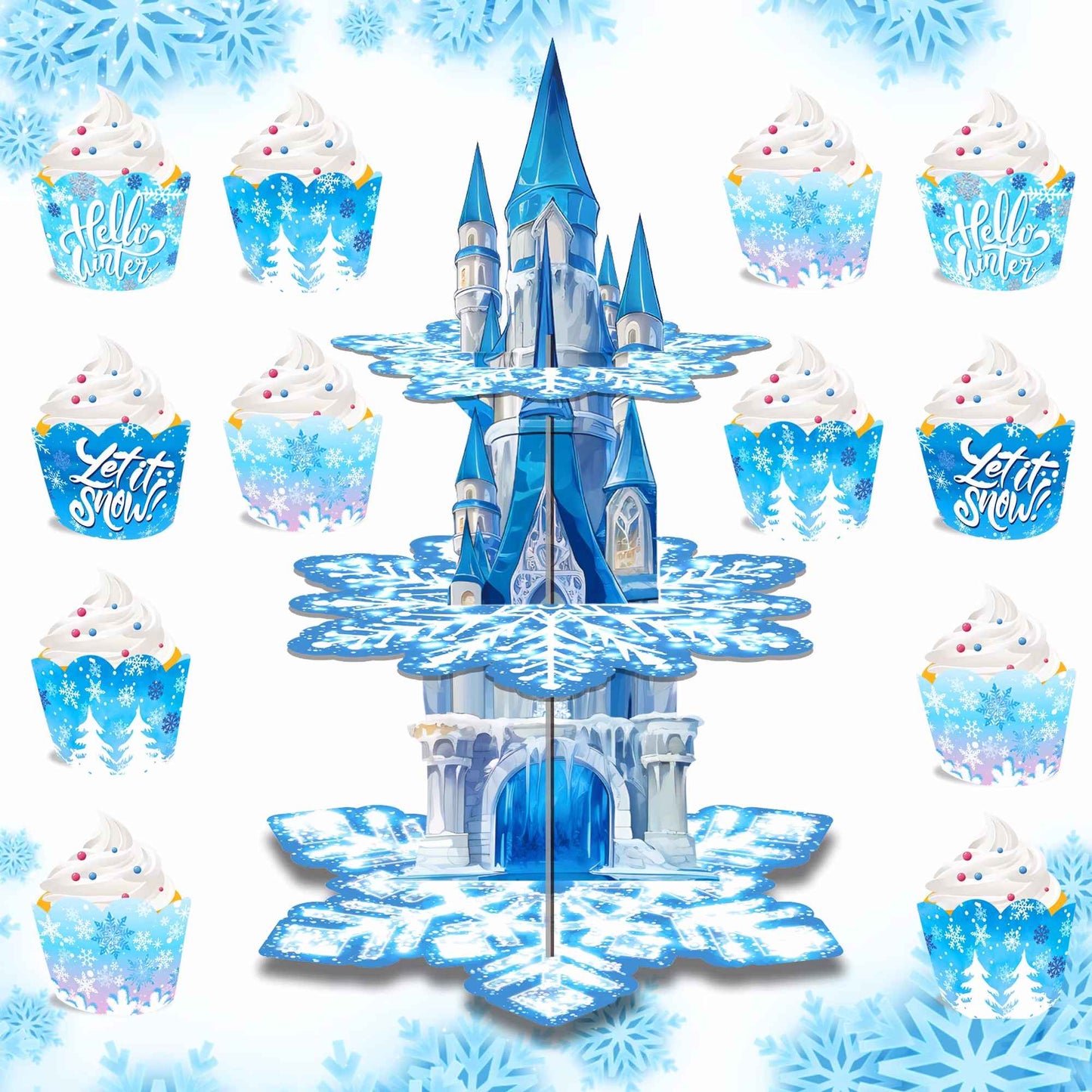 3 Tier Winter Snowflakes Castle Party Cake Display Stand Dessert Cupcake Rack Holder Kids Birthday Party Cake Tray Decor