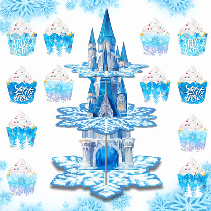 3 Tier Winter Snowflakes Castle Party Cake Display Stand Dessert Cupcake Rack Holder Kids Birthday Party Cake Tray Decor