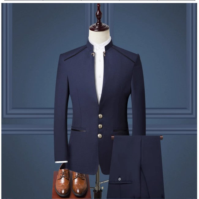 (Jacket+Pants) Men Fashion Simple Wedding Suit Black / Blue / Wine Red 2025 Homme Stand up Collar Business Social Dress 2Piece