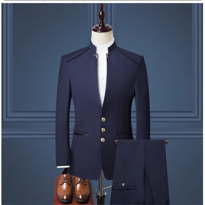 (Jacket+Pants) Men Fashion Simple Wedding Suit Black / Blue / Wine Red 2025 Homme Stand up Collar Business Social Dress 2Piece